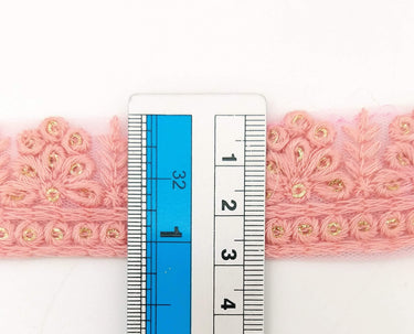 Pink Net Lace Trim With Floral Embroidery And Gold Sequins, Sequinned Trim, Wedding Trim Bridal Trim